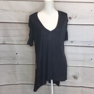She + Sky Slate Blue Lace Up Sleeve Tunic Top | V Neck High Low Blouse | Size L